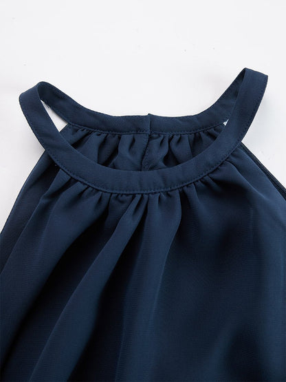 Halter Neck Ruffle Top Wide-Leg Pants Set – Navy Two Piece Outfit