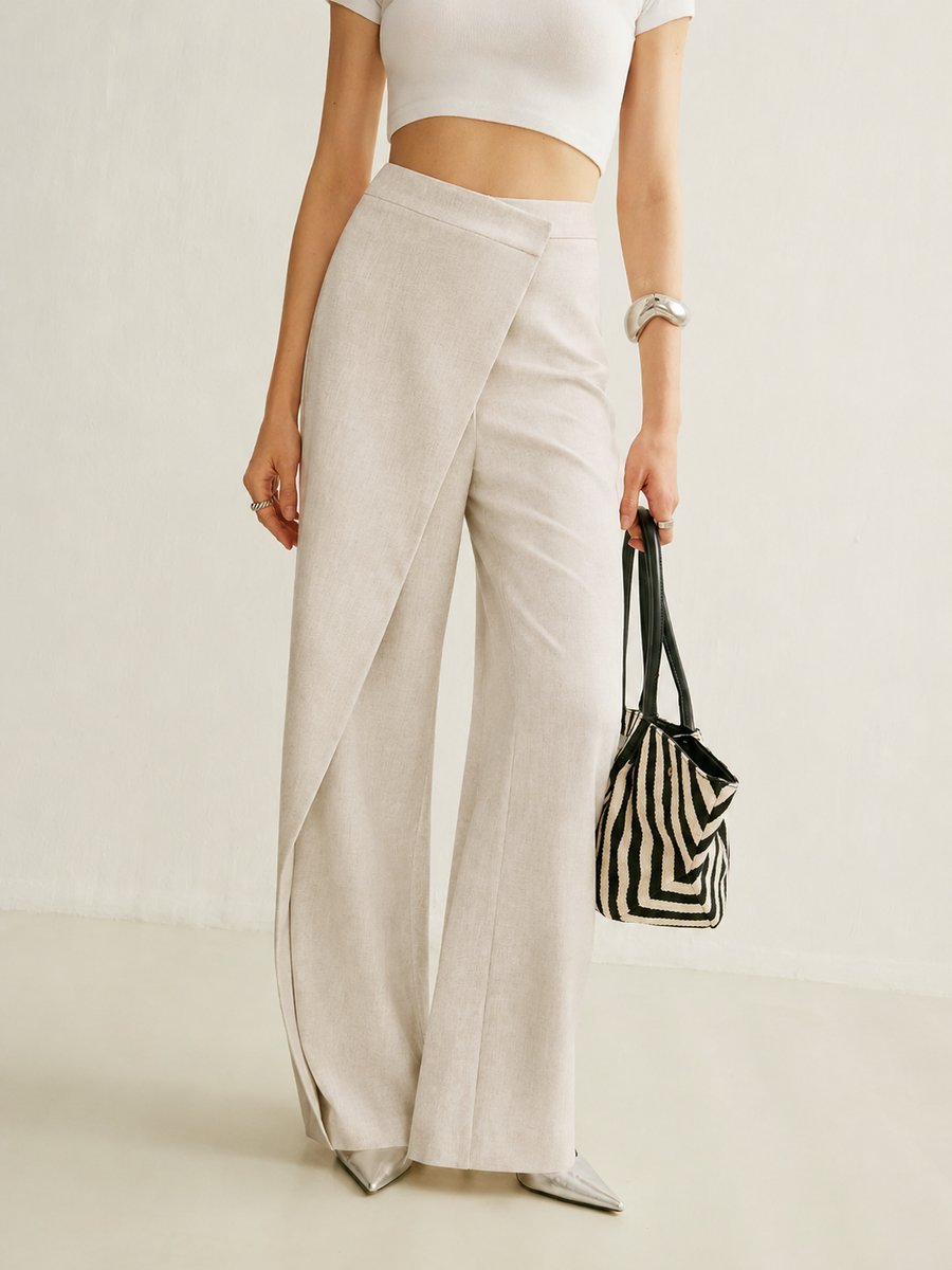 High-Waisted Wrap Front Wide Leg Trousers – Asymmetric Tailored Pants