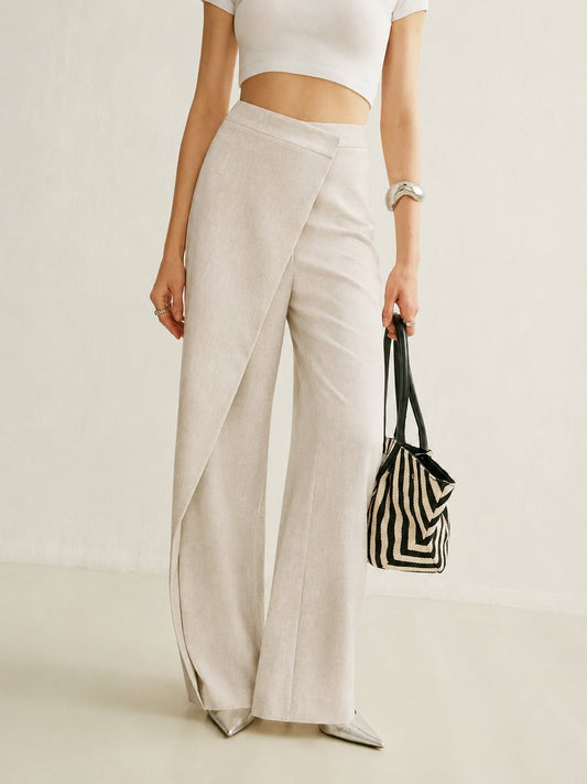 High-Waisted Wrap Front Wide Leg Trousers – Asymmetric Tailored Pants