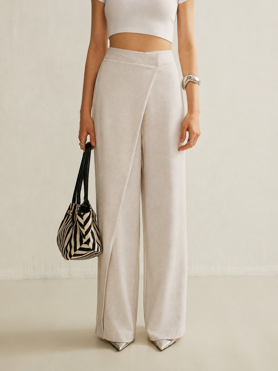 High-Waisted Wrap Front Wide Leg Trousers – Asymmetric Tailored Pants