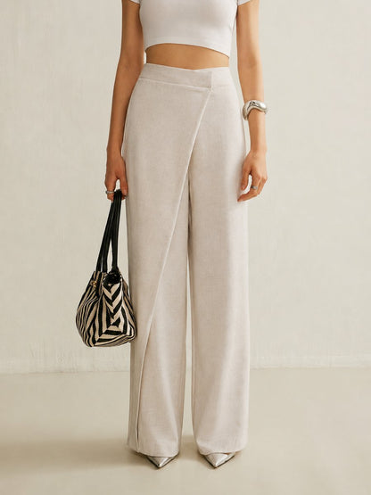 High-Waisted Wrap Front Wide Leg Trousers – Asymmetric Tailored Pants