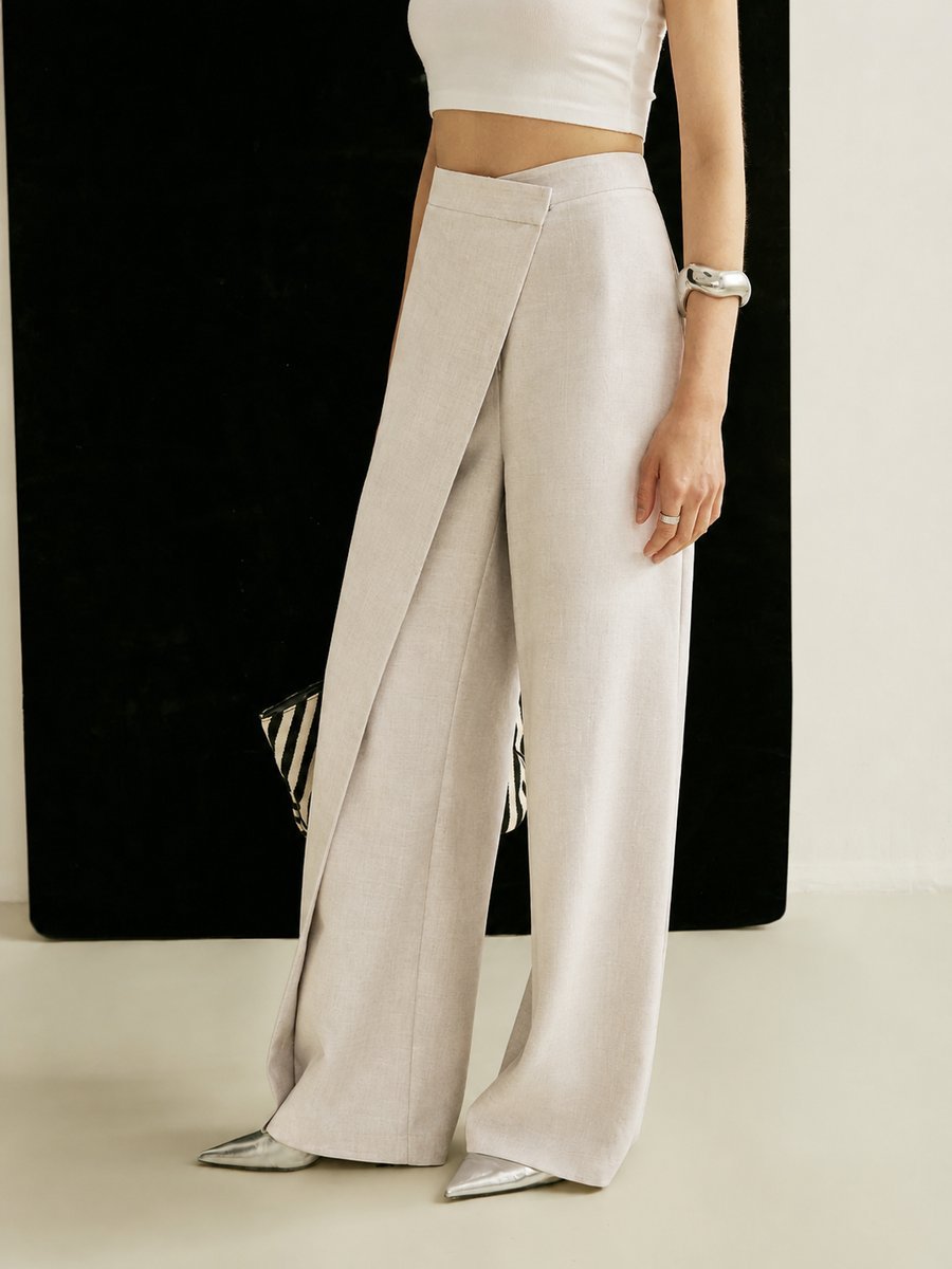 High-Waisted Wrap Front Wide Leg Trousers – Asymmetric Tailored Pants