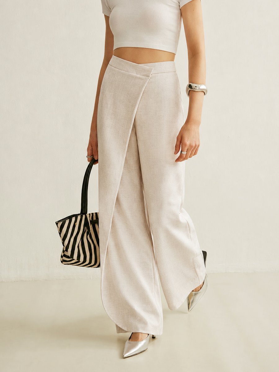 High-Waisted Wrap Front Wide Leg Trousers – Asymmetric Tailored Pants