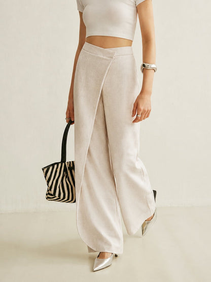 High-Waisted Wrap Front Wide Leg Trousers – Asymmetric Tailored Pants