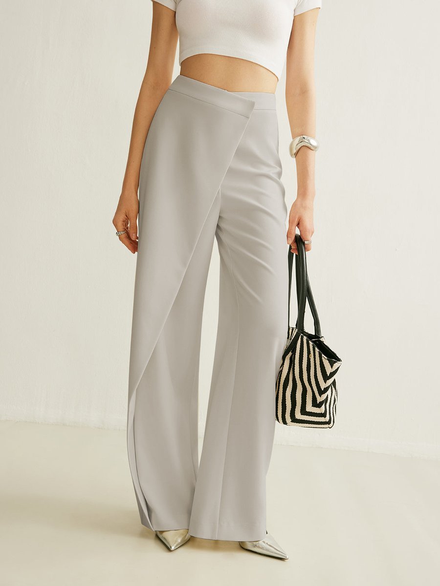 High-Waisted Wrap Front Wide Leg Trousers – Asymmetric Tailored Pants