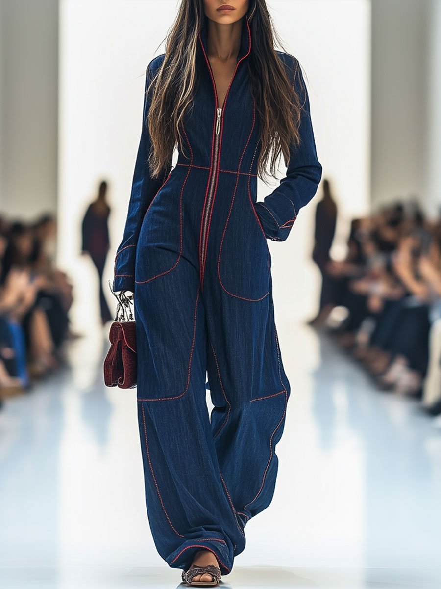 Denim Wide-Leg Jumpsuit – Long Sleeve Zip-Front Contrast Stitch