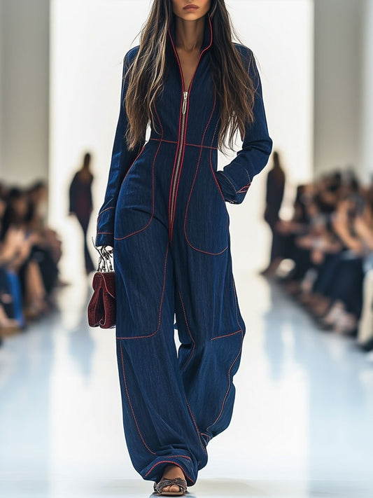 Denim Wide-Leg Jumpsuit – Long Sleeve Zip-Front Contrast Stitch