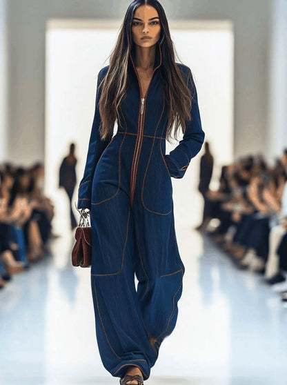 Denim Wide-Leg Jumpsuit – Long Sleeve Zip-Front Contrast Stitch