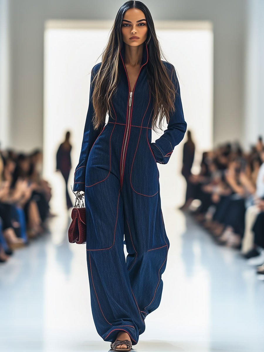 Denim Wide-Leg Jumpsuit – Long Sleeve Zip-Front Contrast Stitch