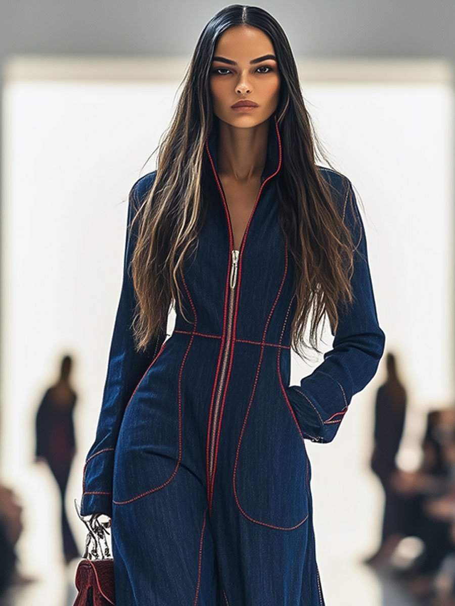 Denim Wide-Leg Jumpsuit – Long Sleeve Zip-Front Contrast Stitch