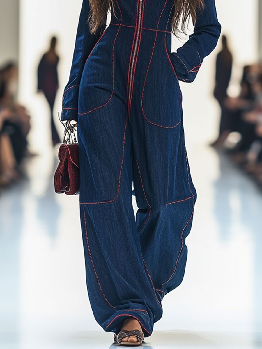 Denim Wide-Leg Jumpsuit – Long Sleeve Zip-Front Contrast Stitch