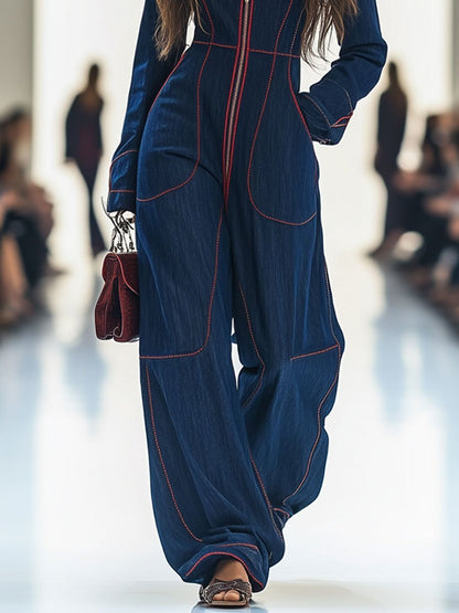 Denim Wide-Leg Jumpsuit – Long Sleeve Zip-Front Contrast Stitch