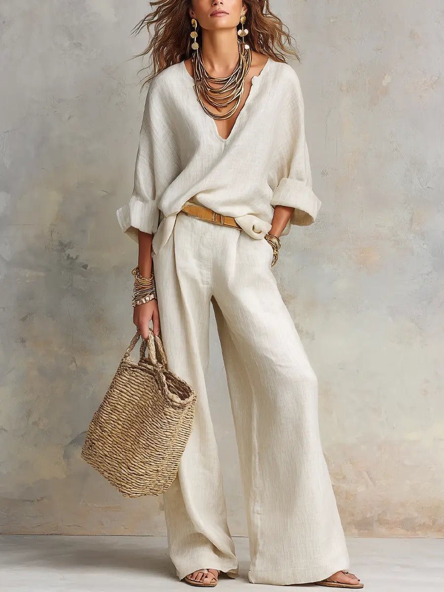 Linen-Look Two Piece Set Wide Leg Pants – V-Neck Top Relaxed Fit