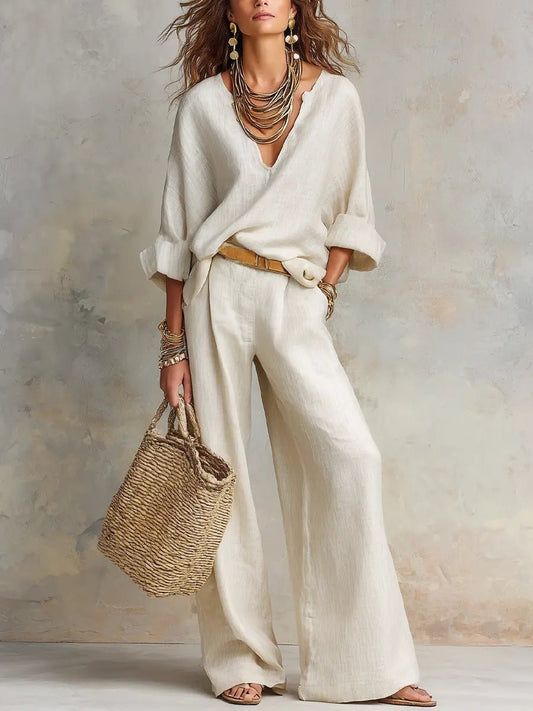 Linen-Look Two Piece Set Wide Leg Pants – V-Neck Top Relaxed Fit