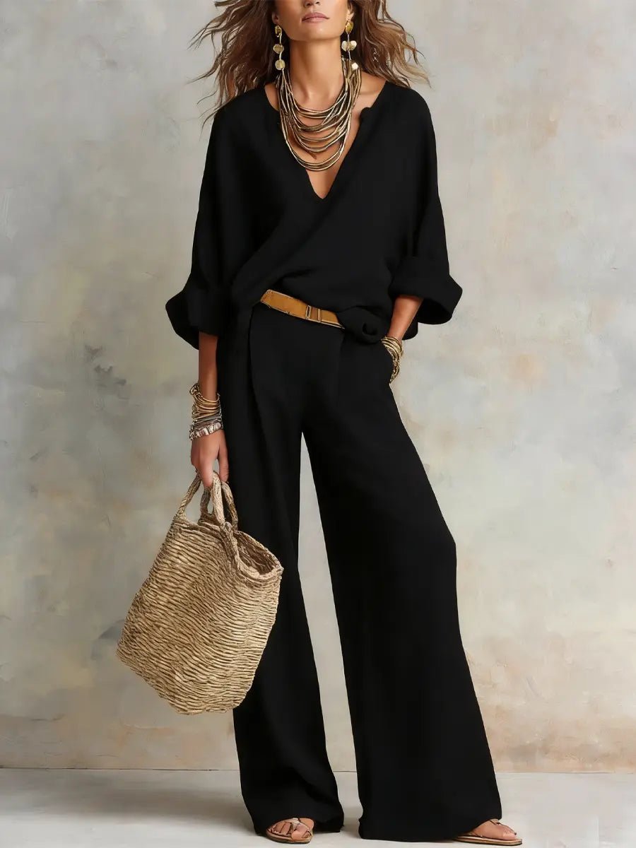 Linen-Look Two Piece Set Wide Leg Pants – V-Neck Top Relaxed Fit