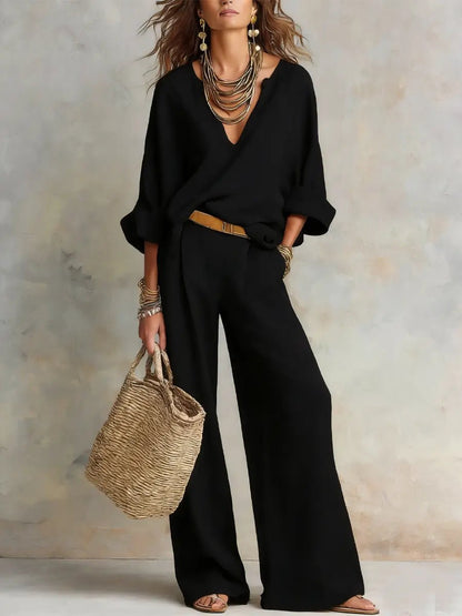 Linen-Look Two Piece Set Wide Leg Pants – V-Neck Top Relaxed Fit