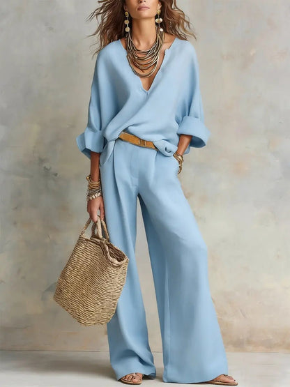 Linen-Look Two Piece Set Wide Leg Pants – V-Neck Top Relaxed Fit