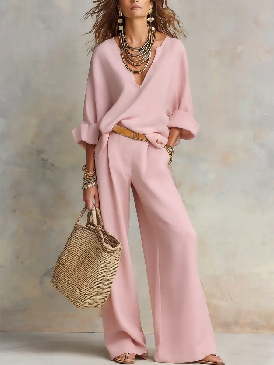 Linen-Look Two Piece Set Wide Leg Pants – V-Neck Top Relaxed Fit