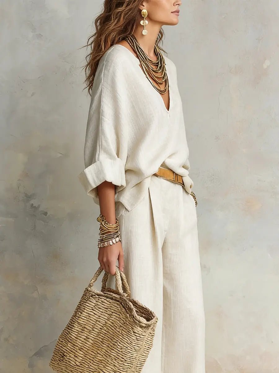 Linen-Look Two Piece Set Wide Leg Pants – V-Neck Top Relaxed Fit