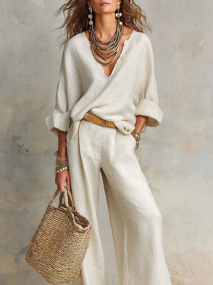Linen-Look Two Piece Set Wide Leg Pants – V-Neck Top Relaxed Fit