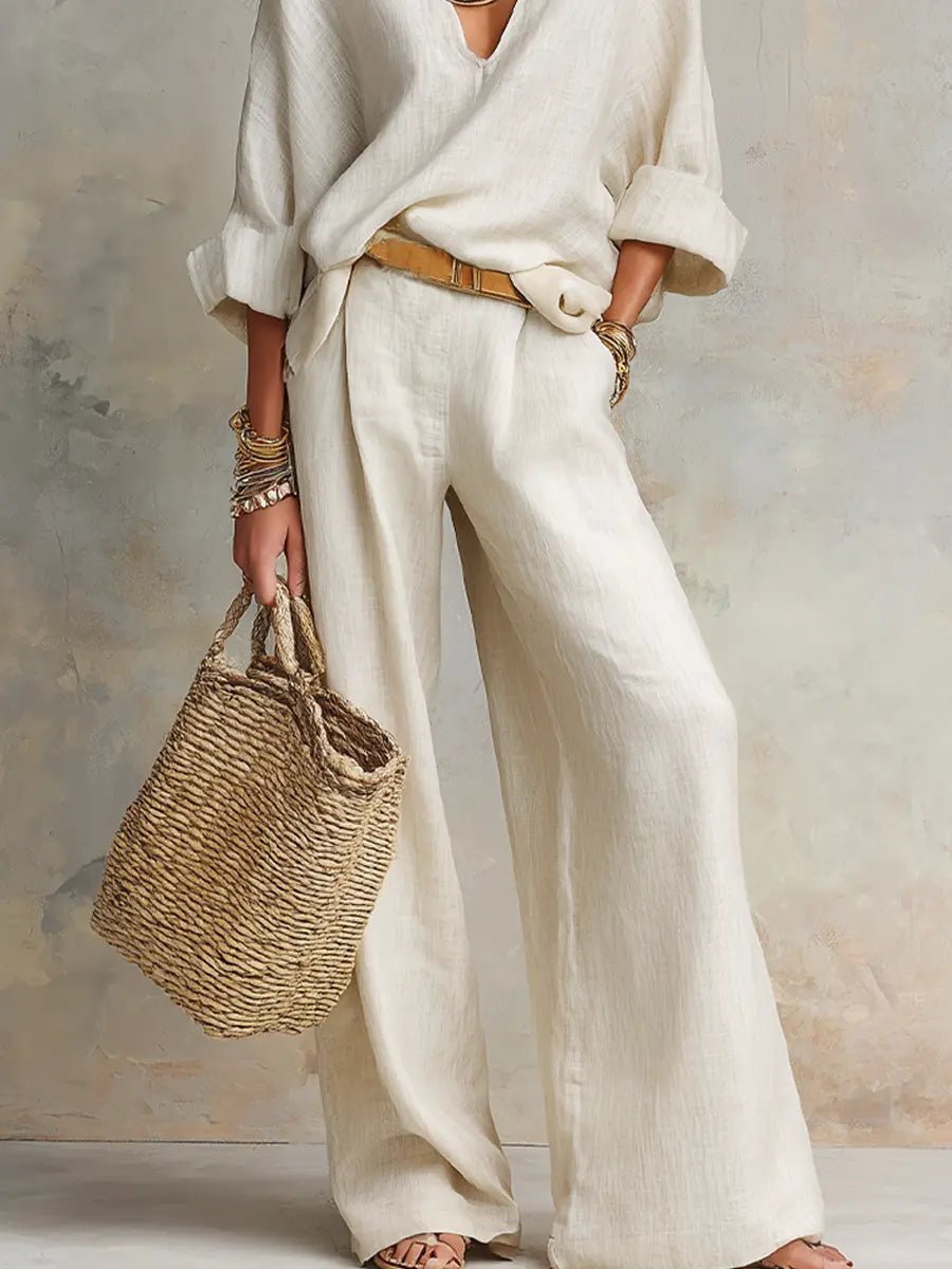 Linen-Look Two Piece Set Wide Leg Pants – V-Neck Top Relaxed Fit