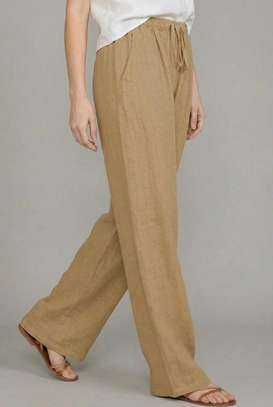 Linen Wide Leg Pants – Drawstring Elastic Waist Summer Trousers