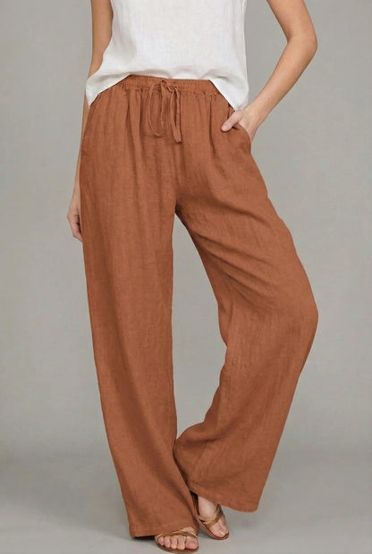 Linen Wide Leg Pants – Drawstring Elastic Waist Summer Trousers