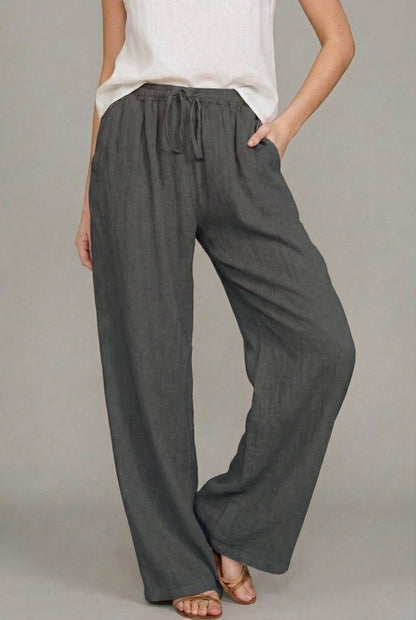 Linen Wide Leg Pants – Drawstring Elastic Waist Summer Trousers