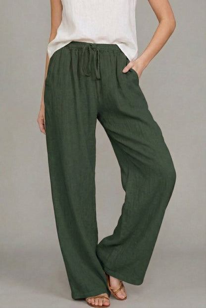 Linen Wide Leg Pants – Drawstring Elastic Waist Summer Trousers