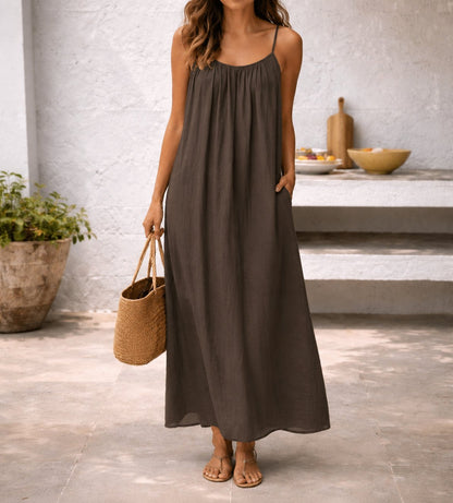 Linen Spaghetti Strap Maxi Dress – Backless Flowy Beach Dress with Pockets