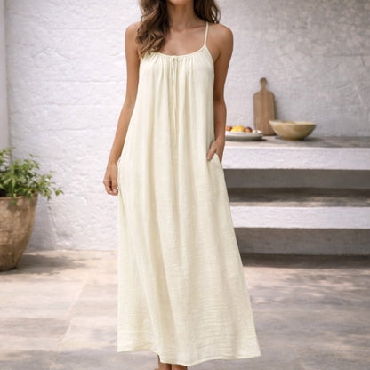 Linen Spaghetti Strap Maxi Dress – Backless Flowy Beach Dress with Pockets