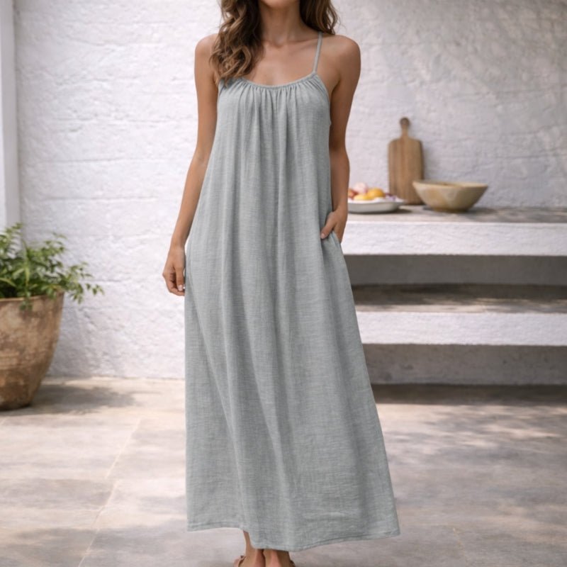 Linen Spaghetti Strap Maxi Dress – Backless Flowy Beach Dress with Pockets