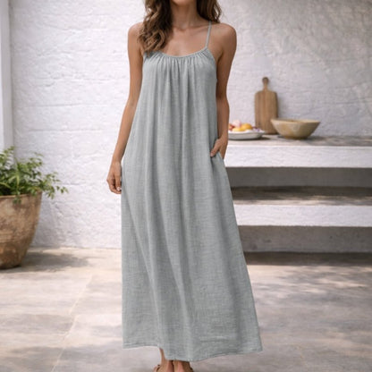 Linen Spaghetti Strap Maxi Dress – Backless Flowy Beach Dress with Pockets