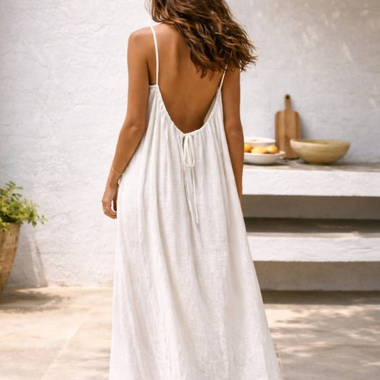 Linen Spaghetti Strap Maxi Dress – Backless Flowy Beach Dress with Pockets