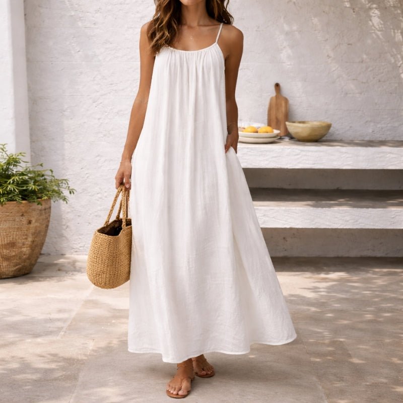 Linen Spaghetti Strap Maxi Dress – Backless Flowy Beach Dress with Pockets