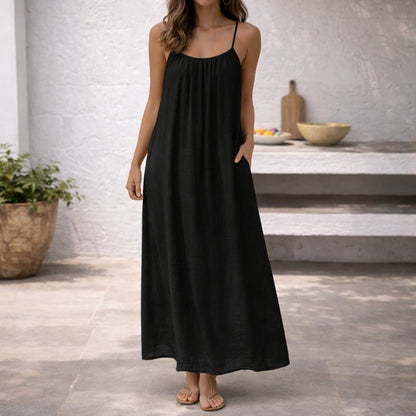 Linen Spaghetti Strap Maxi Dress – Backless Flowy Beach Dress with Pockets