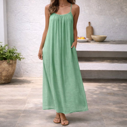 Linen Spaghetti Strap Maxi Dress – Backless Flowy Beach Dress with Pockets