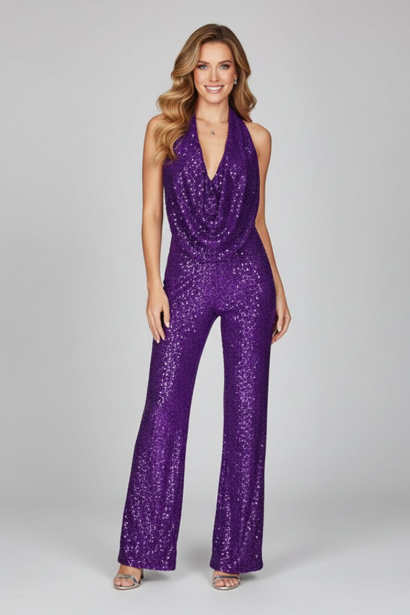 Sequin Halter Jumpsuit – Wide Leg Cowl Neck Open Back