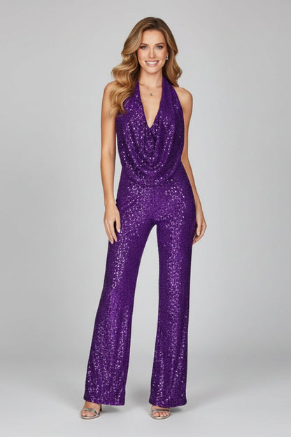 Sequin Halter Jumpsuit – Wide Leg Cowl Neck Open Back