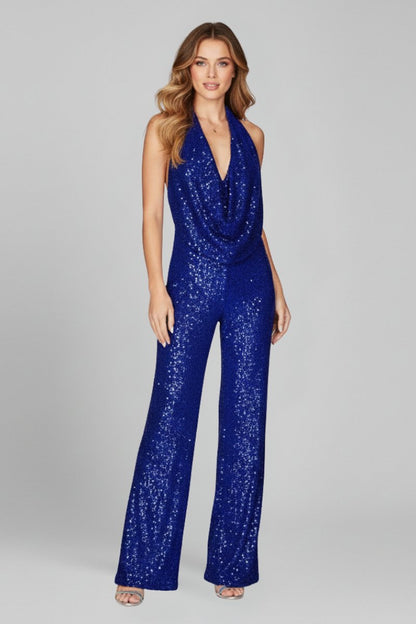 Sequin Halter Jumpsuit – Wide Leg Cowl Neck Open Back