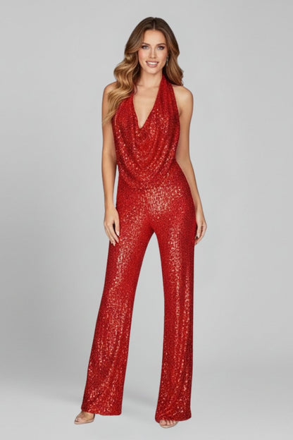 Sequin Halter Jumpsuit – Wide Leg Cowl Neck Open Back