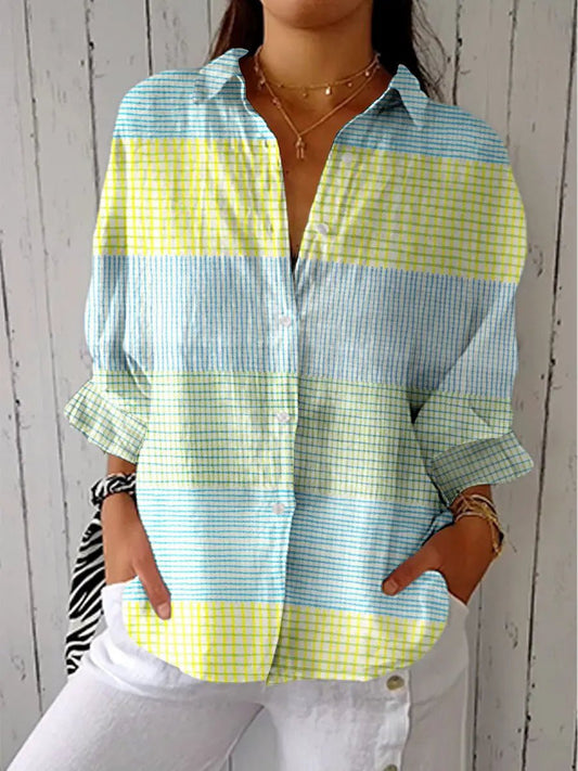 Pastel Plaid Button-Down Blouse – Relaxed Fit Color Block