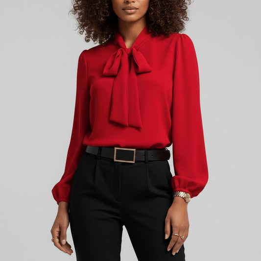 Bow Tie Neck Blouse Long Sleeve – Relaxed Fit Office Work Top