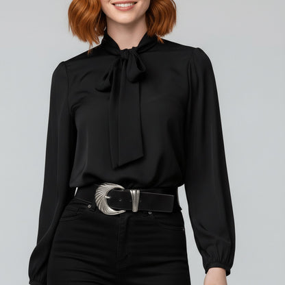 Bow Tie Neck Blouse Long Sleeve – Relaxed Fit Office Work Top