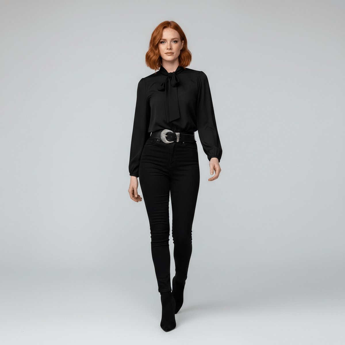 Bow Tie Neck Blouse Long Sleeve – Relaxed Fit Office Work Top
