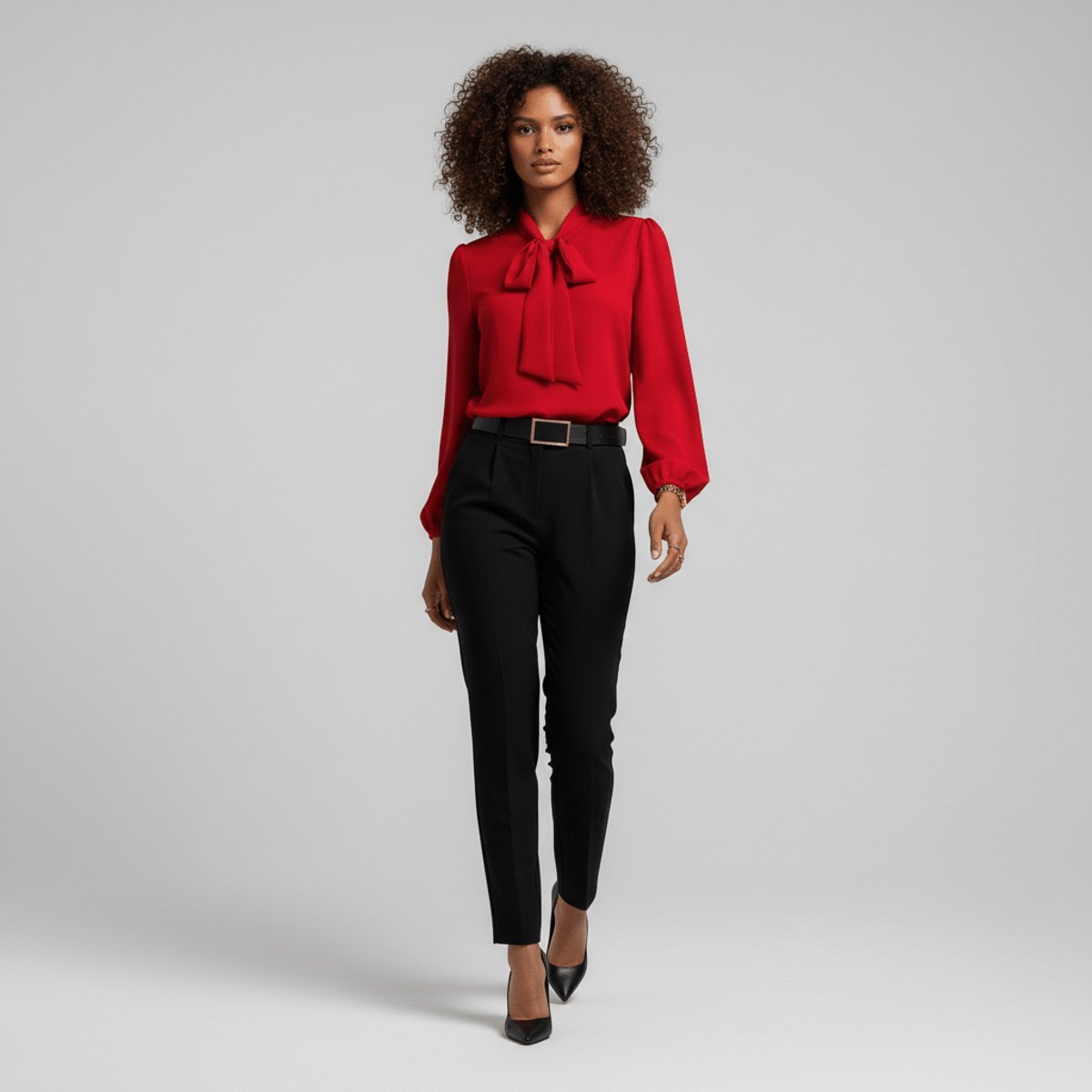 Bow Tie Neck Blouse Long Sleeve – Relaxed Fit Office Work Top