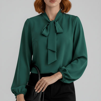 Bow Tie Neck Blouse Long Sleeve – Relaxed Fit Office Work Top