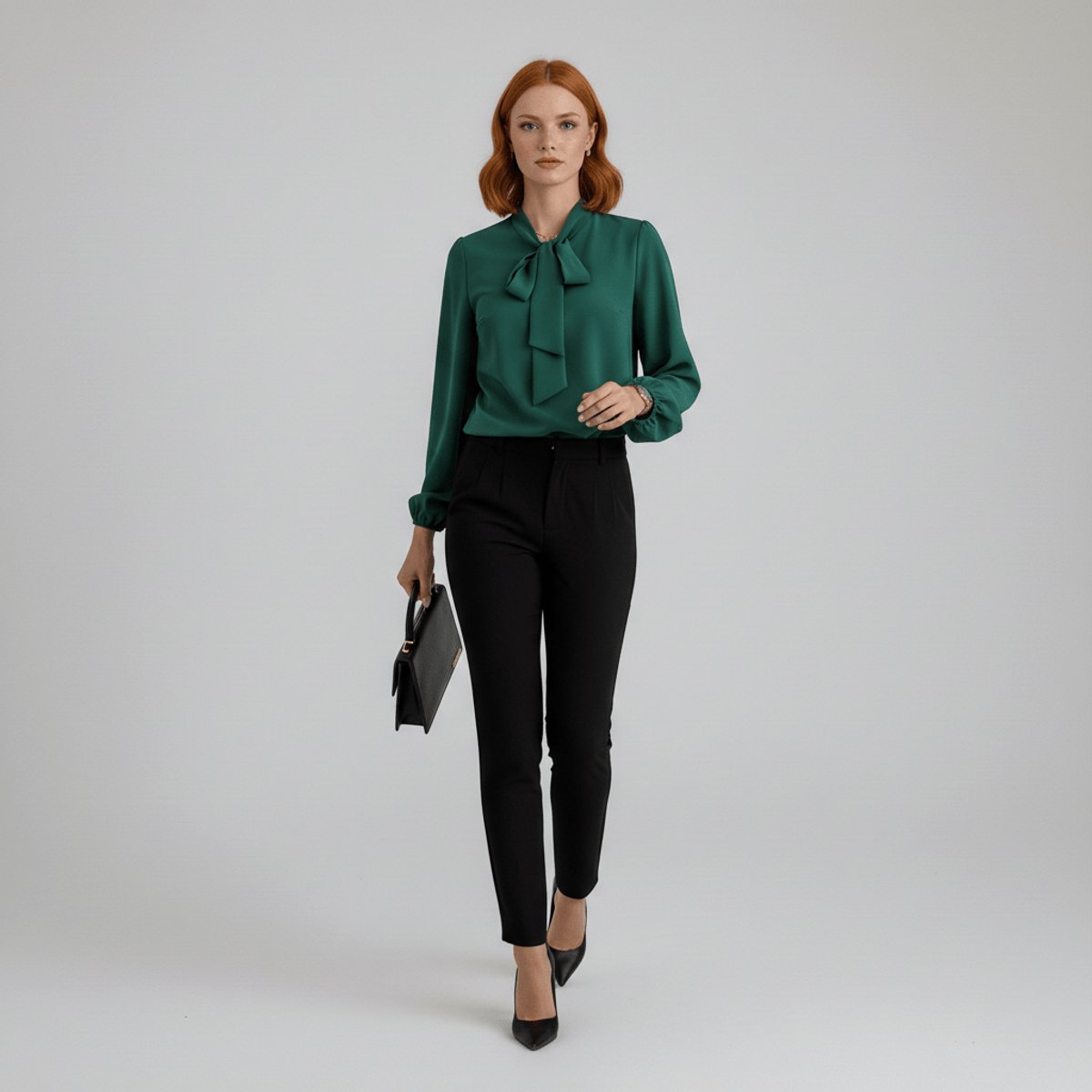 Bow Tie Neck Blouse Long Sleeve – Relaxed Fit Office Work Top