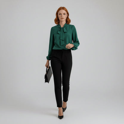 Bow Tie Neck Blouse Long Sleeve – Relaxed Fit Office Work Top