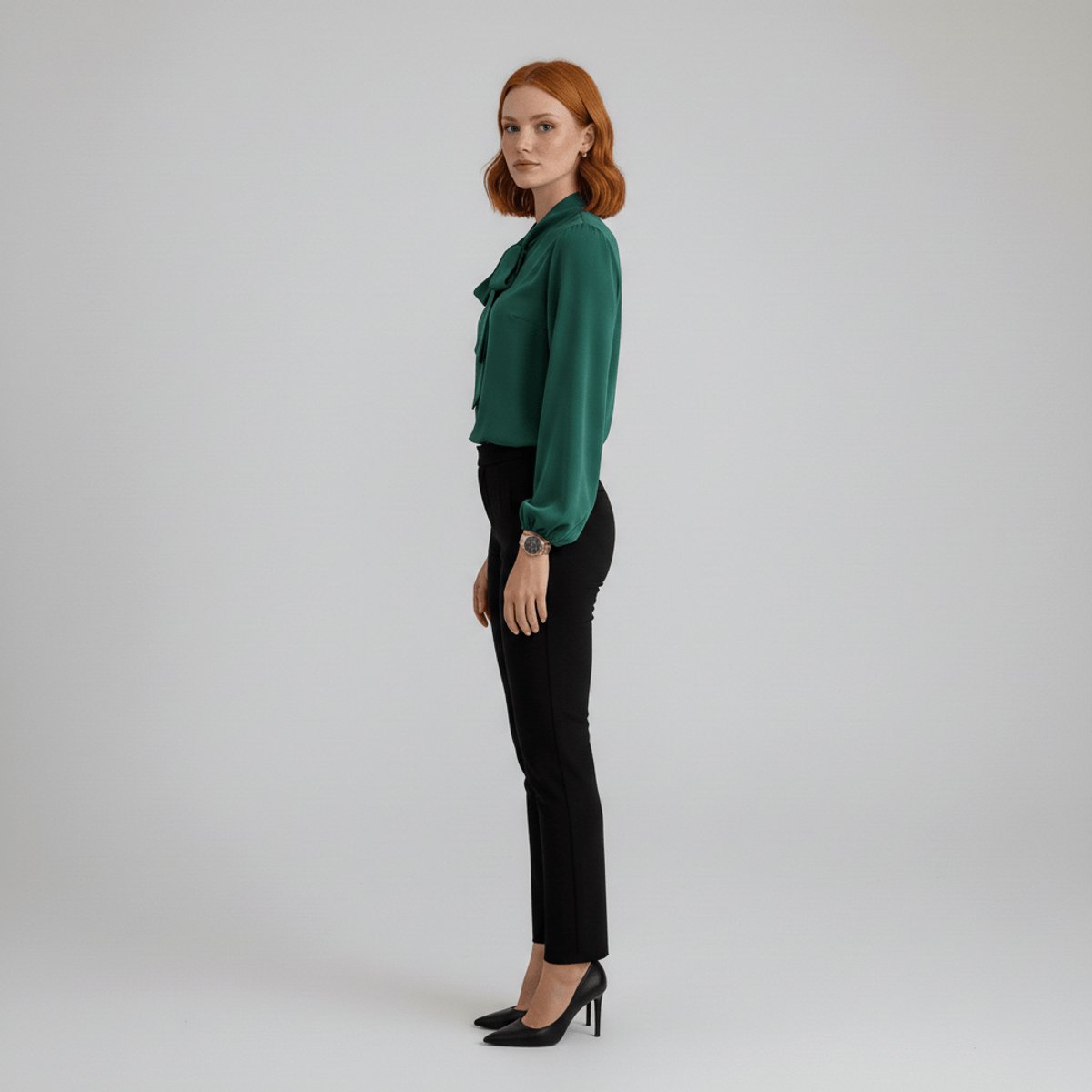 Bow Tie Neck Blouse Long Sleeve – Relaxed Fit Office Work Top